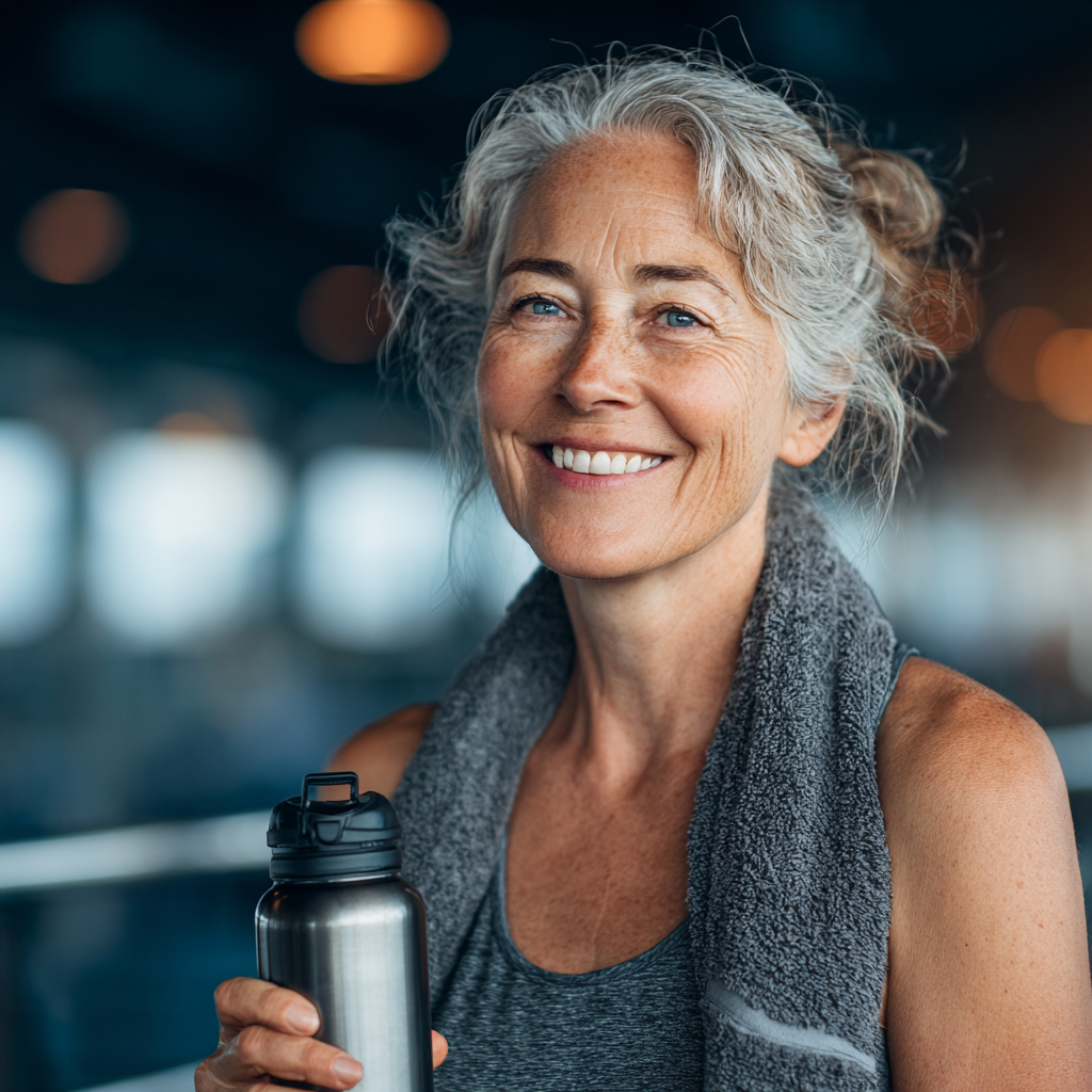 Confident mature woman, around 50 years old, in athletic wear holding a water bottle after a successful functional training session, smiling and radiating health and vitality in a bright fitness environment